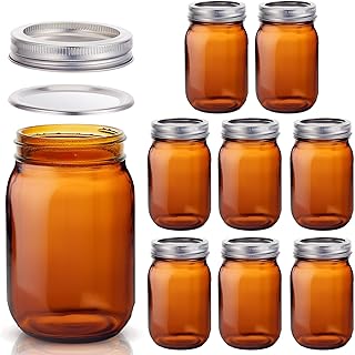 Norme 8 Pieces Amber Mason Jars 16 oz Amber Glass Mason Jar with Airtight Lids Canning Apothecary for Pickle Fermenting Canning Freezing Beverages Preserving Decor