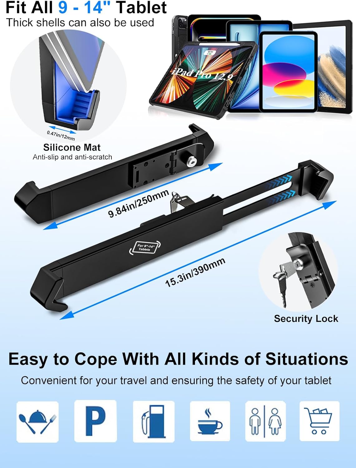 Tablet Holder for Truck - with Safety Lock, Anti-Theft Seat Rail Tablet Mount for Car/Truck, Heavy Duty Car Floor iPad Mount for 9-14" iPad Pro 12.9, Surface Pro, Galaxy Tabs