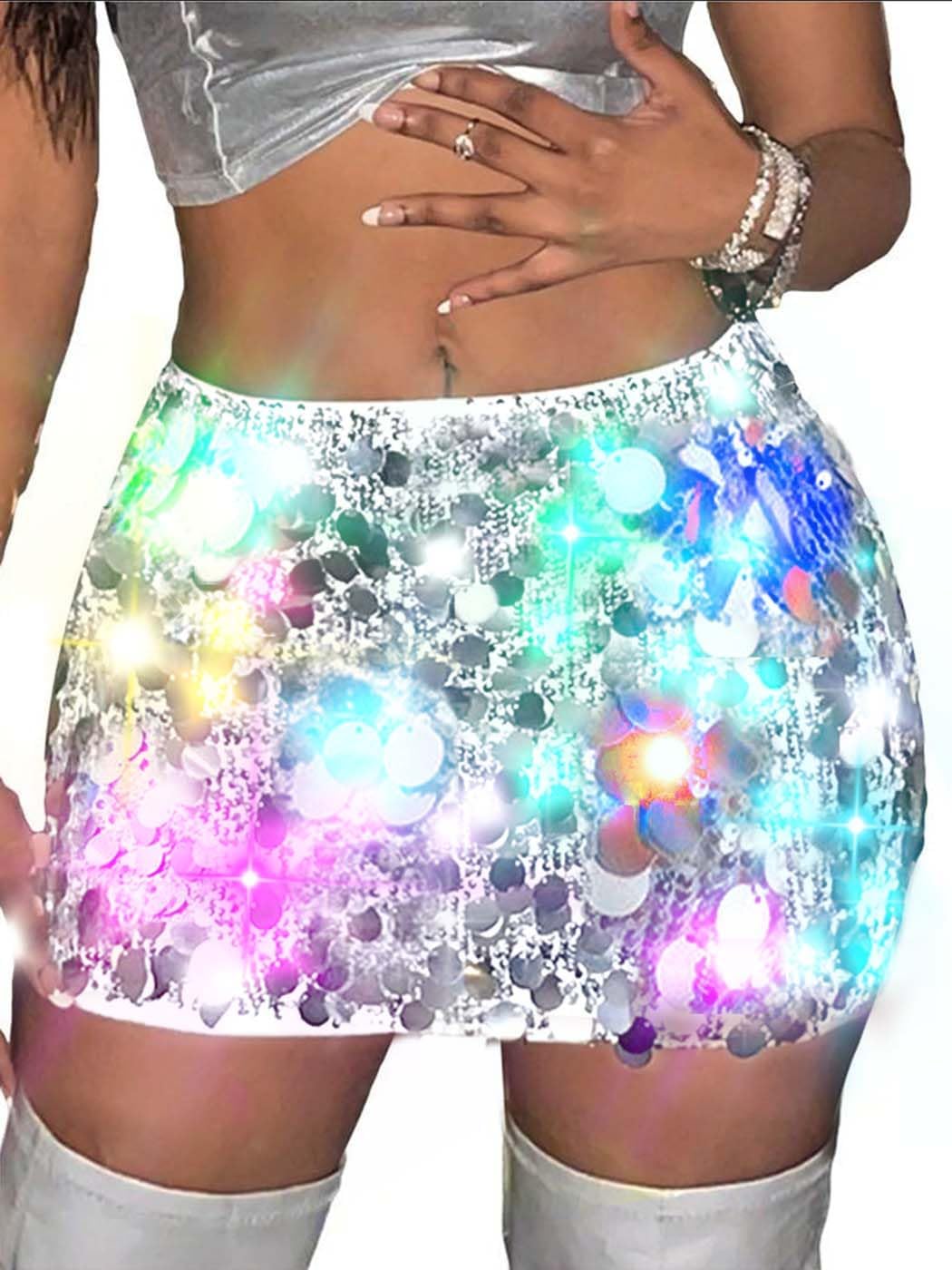 REETAN Light Up Sequin Sliver Skirt LED Rave Outfit for Women