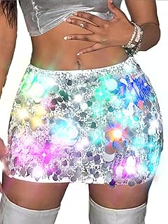 REETAN Light Up Sequin Skirt Rave Outfit for Women
