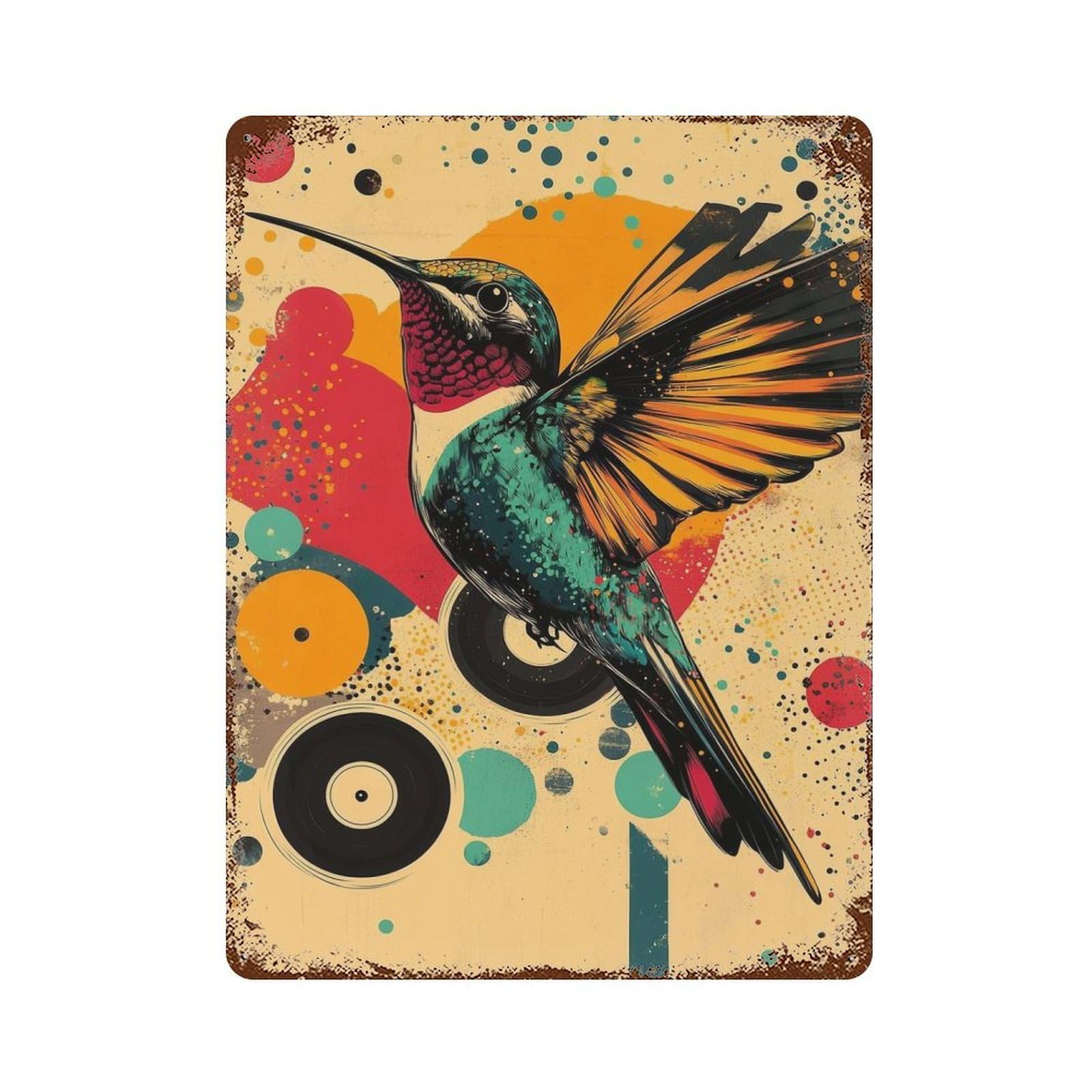 Weathered Tin Sign Hummingbird with Abstract Background Hummingbird Vibrant Poster 15.7"x11.8", Rustic Home Decor for Bistro, Counter And Cafe Decor