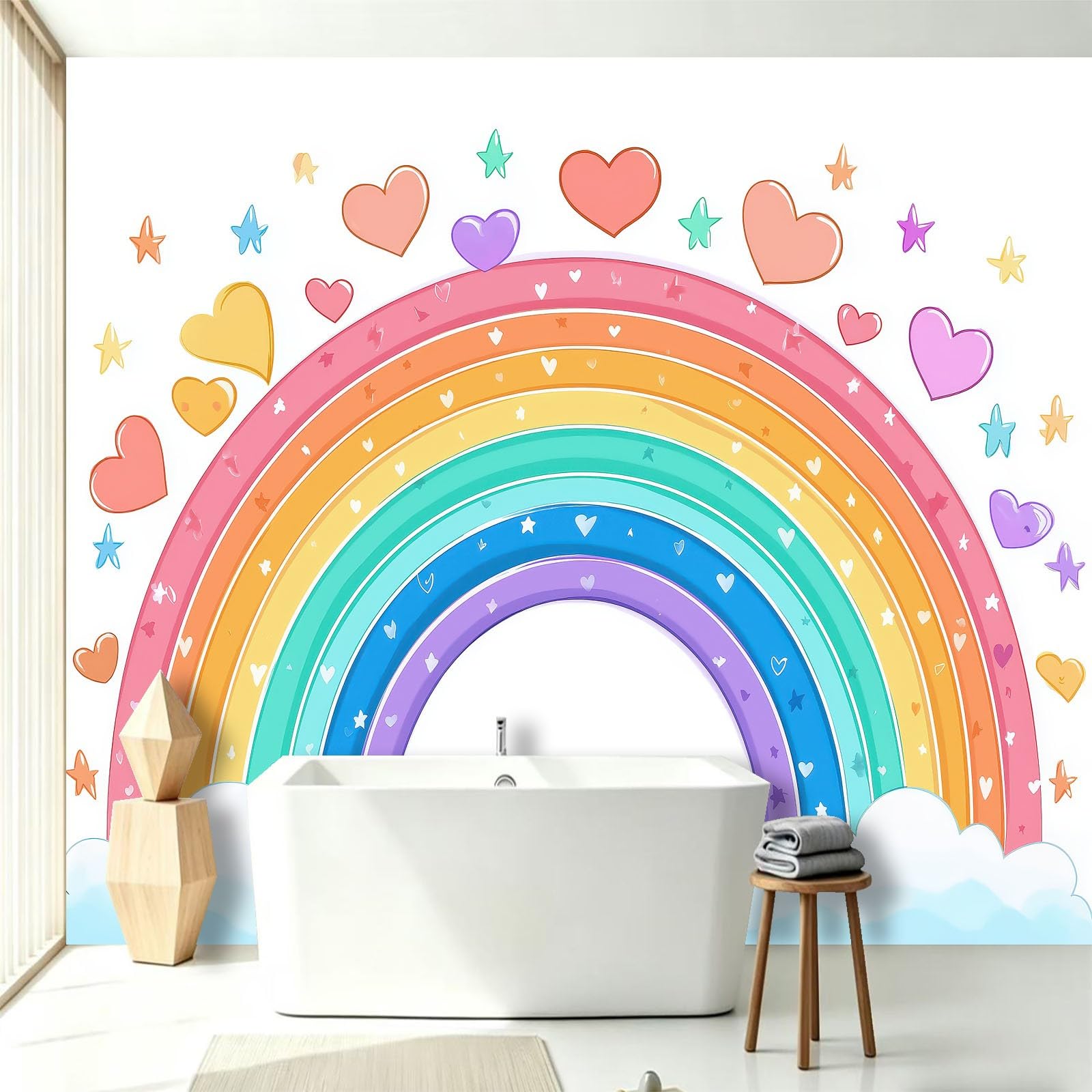 Générique Panoramiczna tapeta z włókniny 200 x 140 cm - tęcza gwiazdy serce, minimalistyczny plakat ścienny do pokoju dziecięcego, pokoju zabaw - dekoracja ścienna 3D
