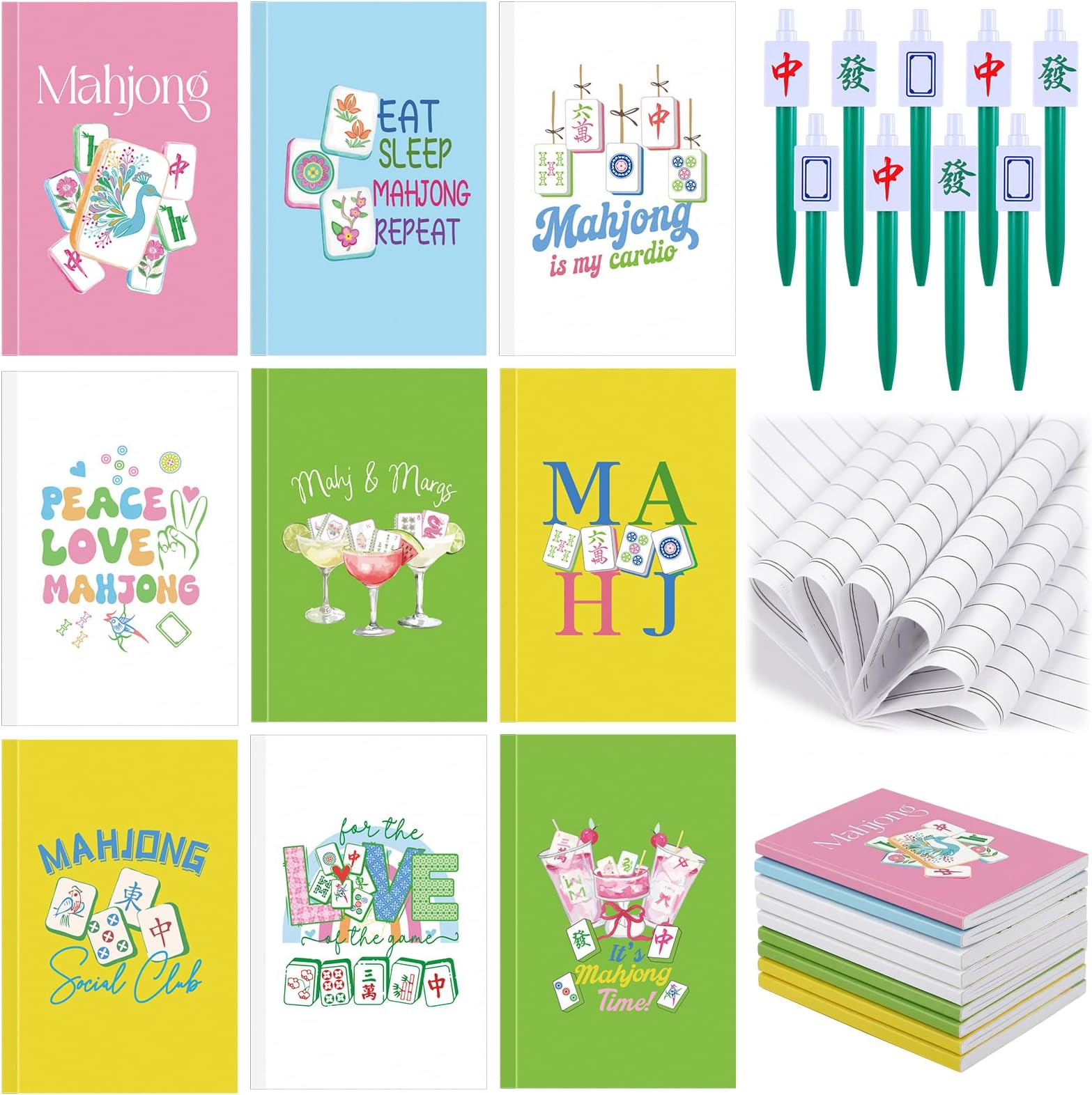 18 Pcs Mahjong Gift Set, 9 Mahjong-Themed Notebooks and 9 Mah Jong Ballpoint Pens, Funny Stationery Gifts for Men Women, Mahjong Lovers Players, Chinese Table Game Birthday Party Favors