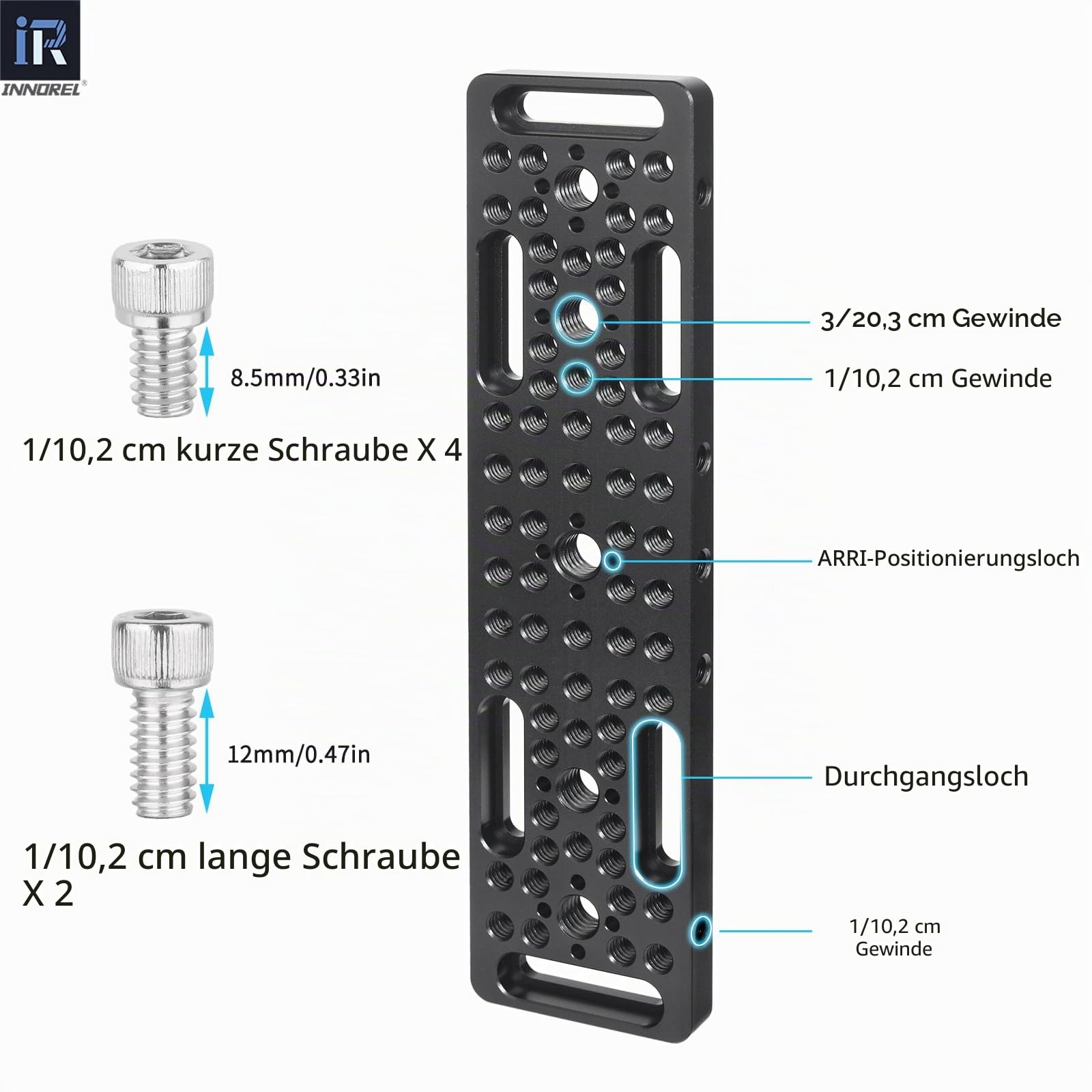 INNOREL CP2005 20 * 5cm Multifunktionale Käseplatte mit 1/4" & 3/8" Gewinden, Schaltmontageplatte mit eingebauten ARRI Locating Holes für Kamera und Stativ