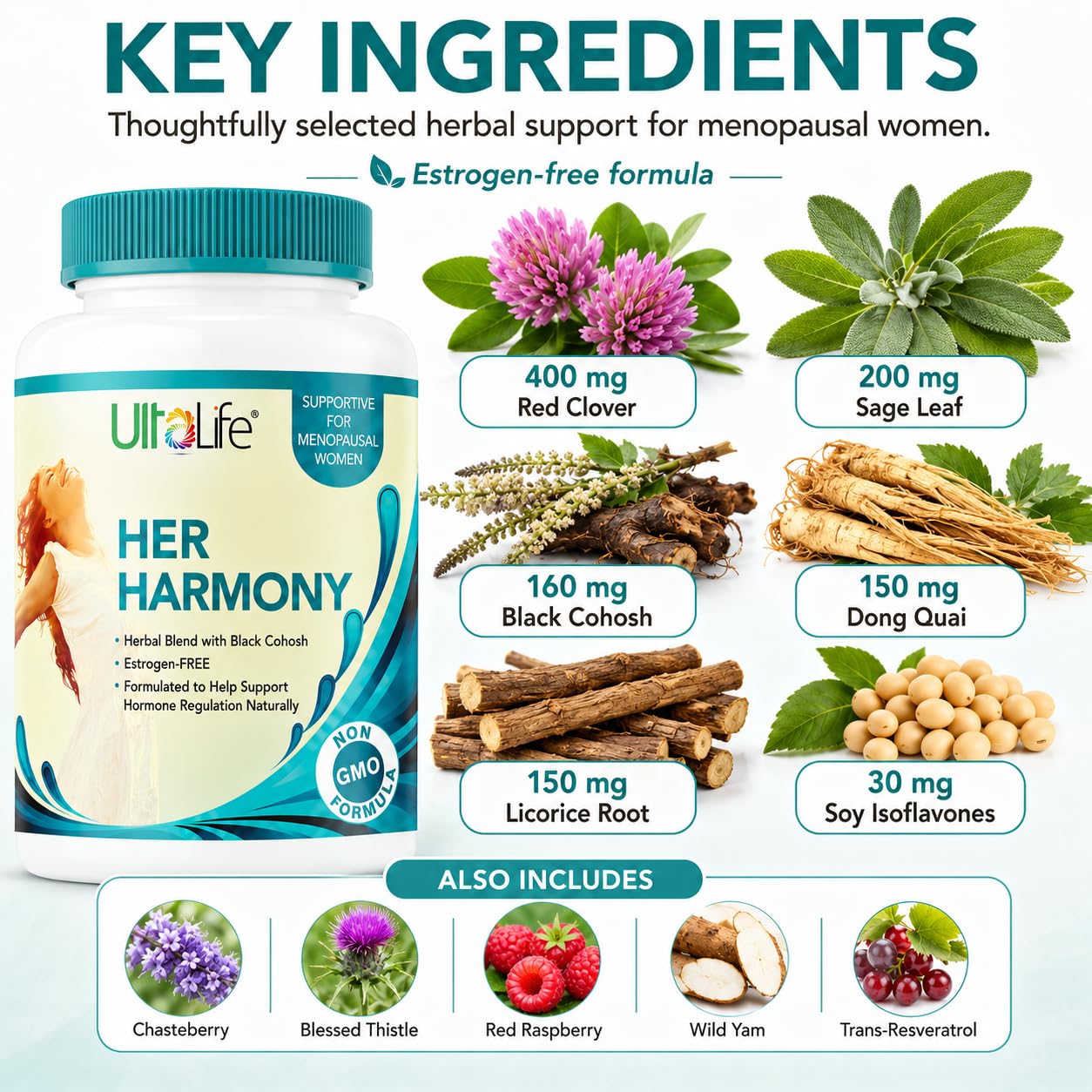 UltaLife Her Harmony Menopause Supplements for Women - Hot Flashes Menopause Relief & Hormone Balance for Women - Contains Black Cohosh, Dong Quai, Red Clover & More - Estrogen Free - 60 Capsules — Amazon image 4