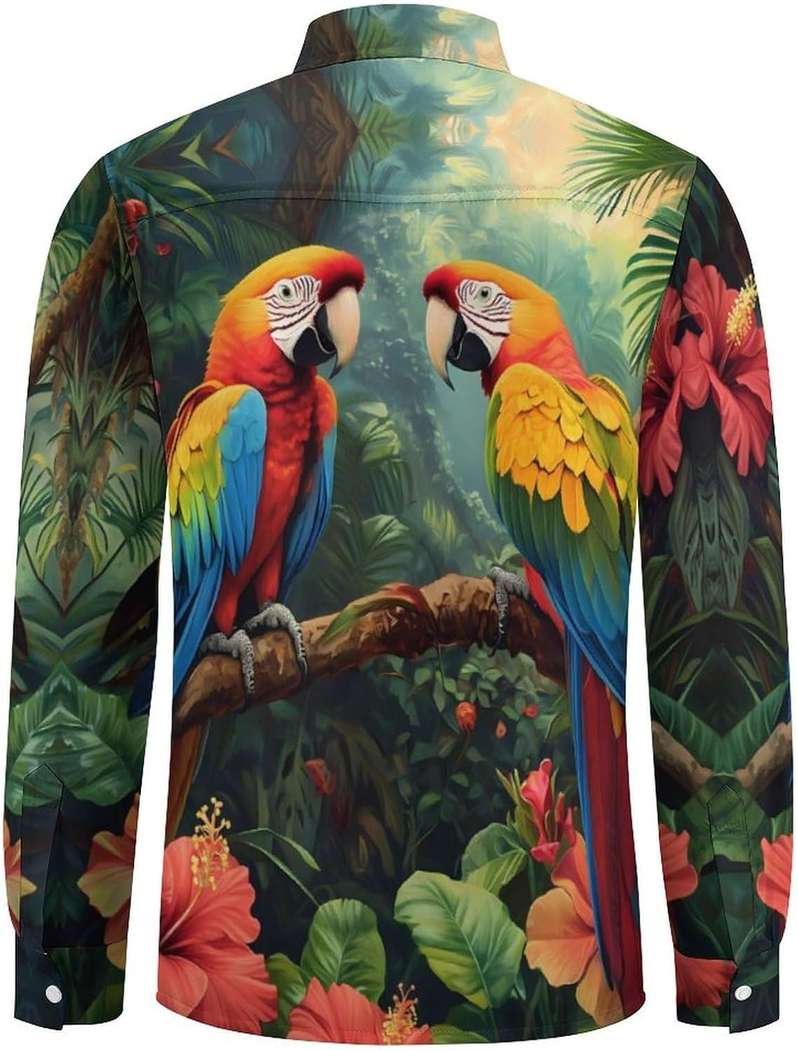 Colorful Parrot Standing on Branch Long Sleeve Shirts Casual Dress Shirt Button-down T-shirts for Men
