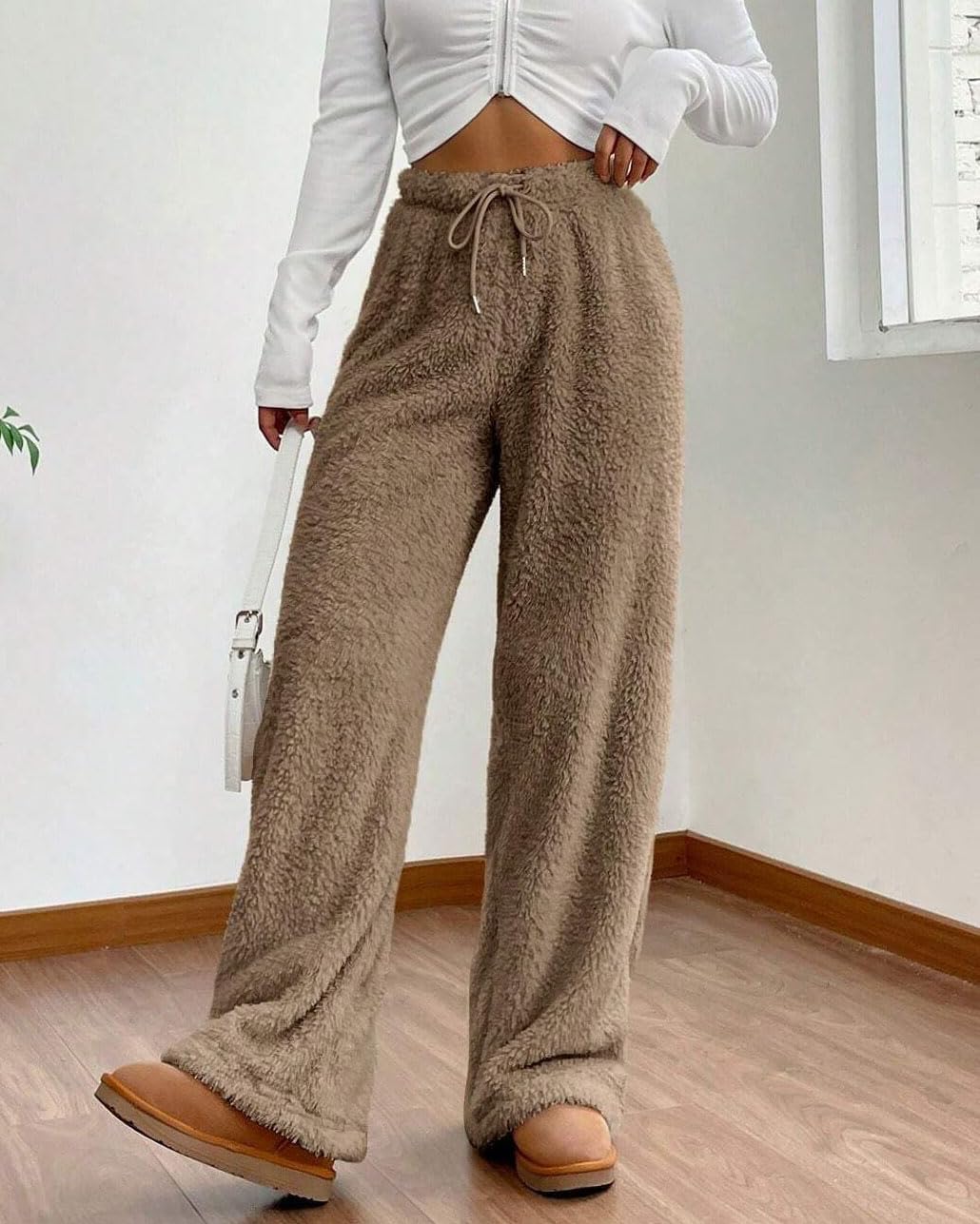 codcm Women's Fuzzy Lounge Pants Comfy Warm Fleece Pajama Long Pants Drawstring Elastic Waist Wide Leg Bottoms