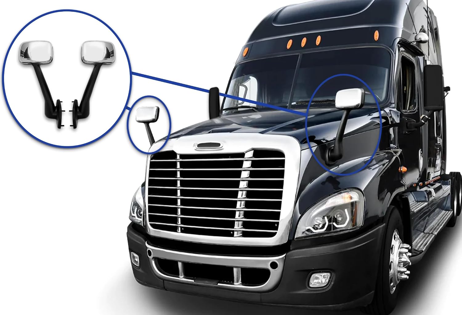 KOZAK Hood Mirrors Chrome Set Compatible with Freightliner Cascadia 2008-2016, Right Passenger & Left Driver Side, Includes Logo, 2x 22" Windshield Wipers, and Reflective Vest