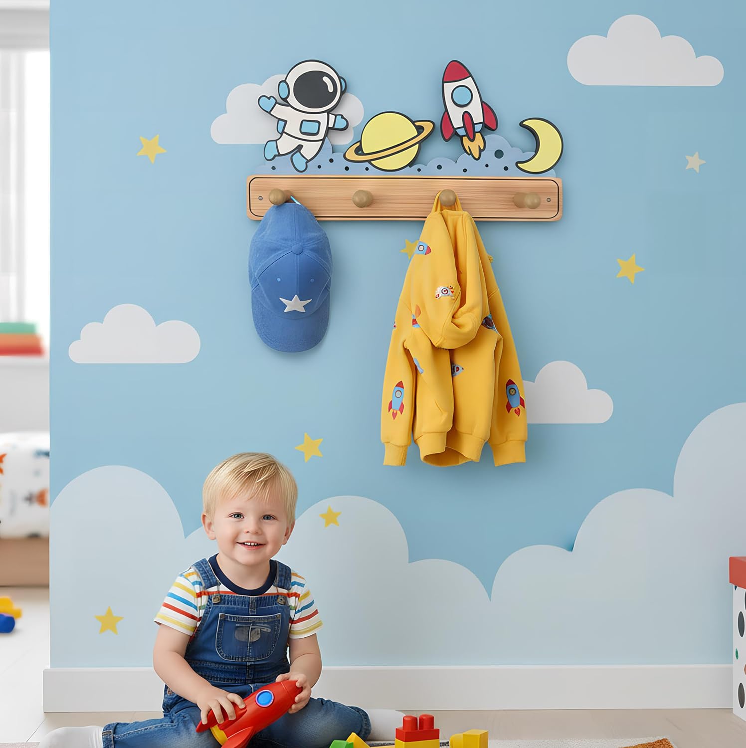 Cute Wooden Rocket Planet Kids Coat Rack and Key Hanger Wall Mount 13.7 Inches Wood Decorative Wall Hooks Towel Holder for Hanging Robe Hat Jacket