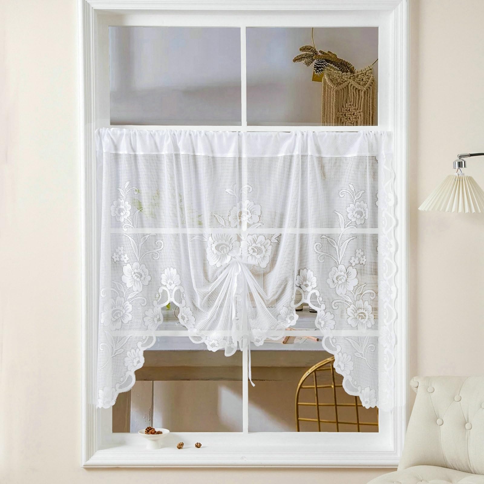 Passe tringle pour rideau transparent de chambre en dentelle florale rétro