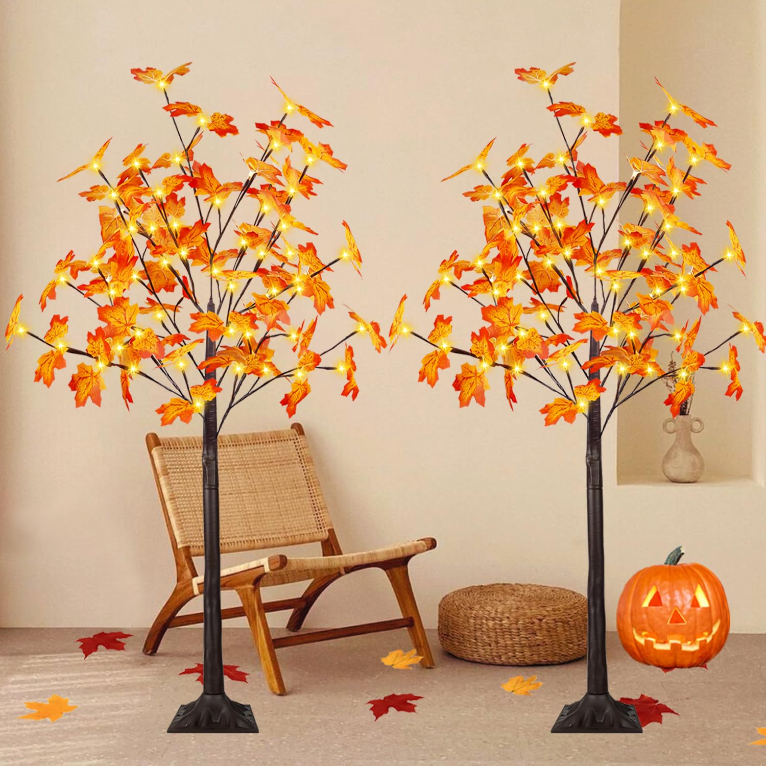 2 Pack 4FT Artificial Lighted Maple Tree, Fall Decorations for Home with Timer, 96 LED Prelit Fall Decor Maple Tree with Warm White Light for Indoor Outdoor Harvest Halloween Thanksgiving Day, Orange