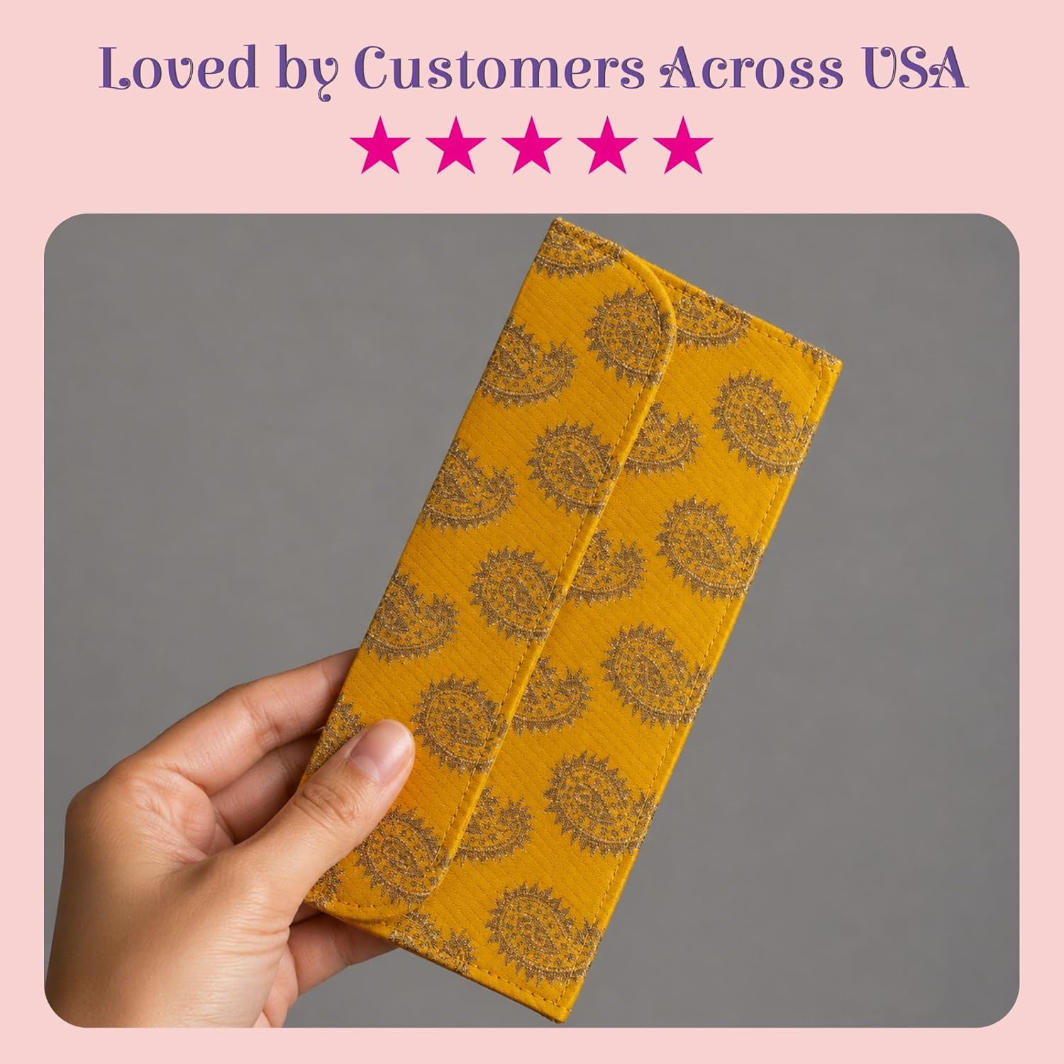 LoveNspire Brocade Fabric Money Envelopes (7.5 x 3.5 Inch) Decorative Paisley Pattern Shagun Lifafa for Indian Wedding, Birthday | Cash Gift Holder & Home Savings Organizer Yellow/Pack of 10