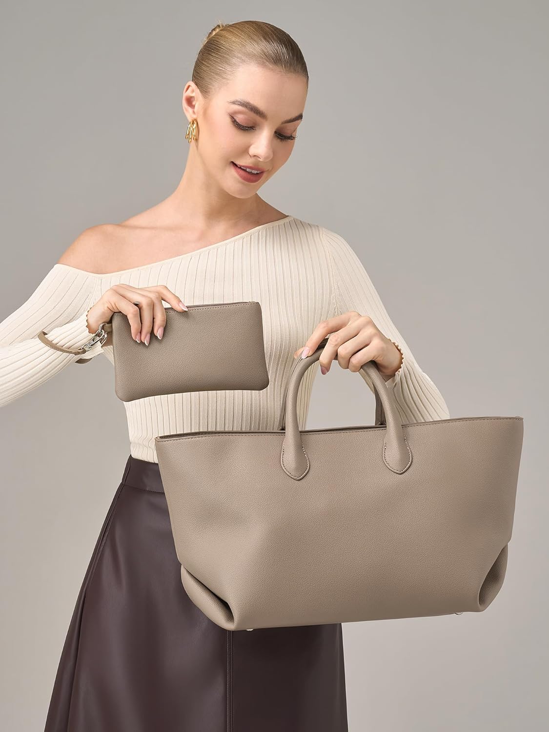 CHUNLI Leather Tote Bag for Women, Large Top-handle Handbags with Detachable Pocket for Work Travel Events Casual