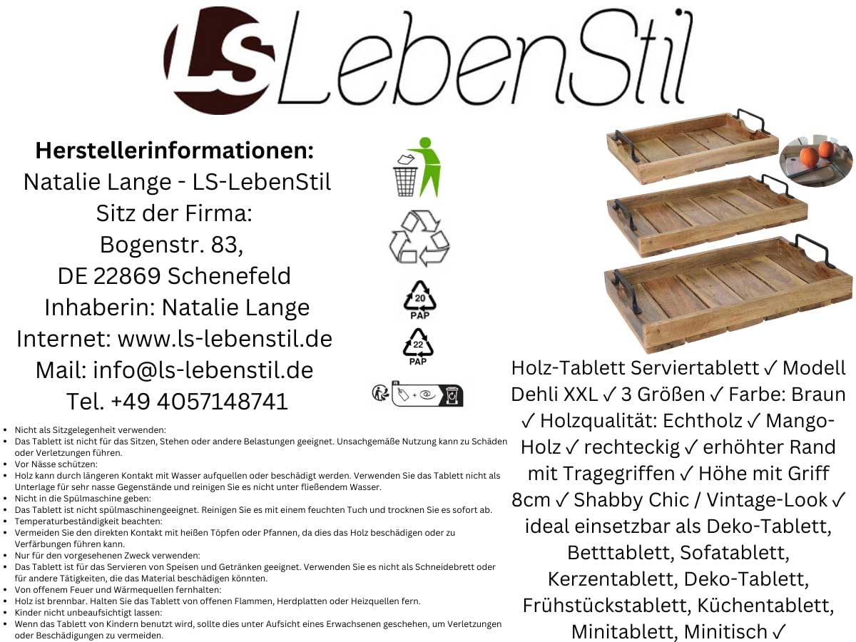 LS-LebenStil XXL Mango-Holz Serviertablett 56x39x8cm Griff-Tablett Betttisch Betttablett Holztablett Küchentablett Frühstückstablett mit Griffen