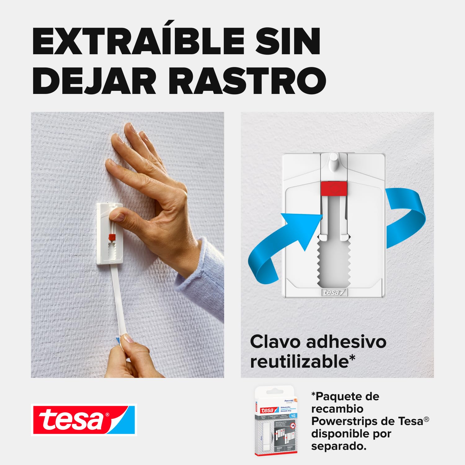 tesa Clavo Adhesivo Ajustable para Paredes Pintadas y Yeso 2 kg, Colgador con Altura Ajustable Sin Perforaciones, Paquete con 2 Clavos Adhesivos y 6 Tiras