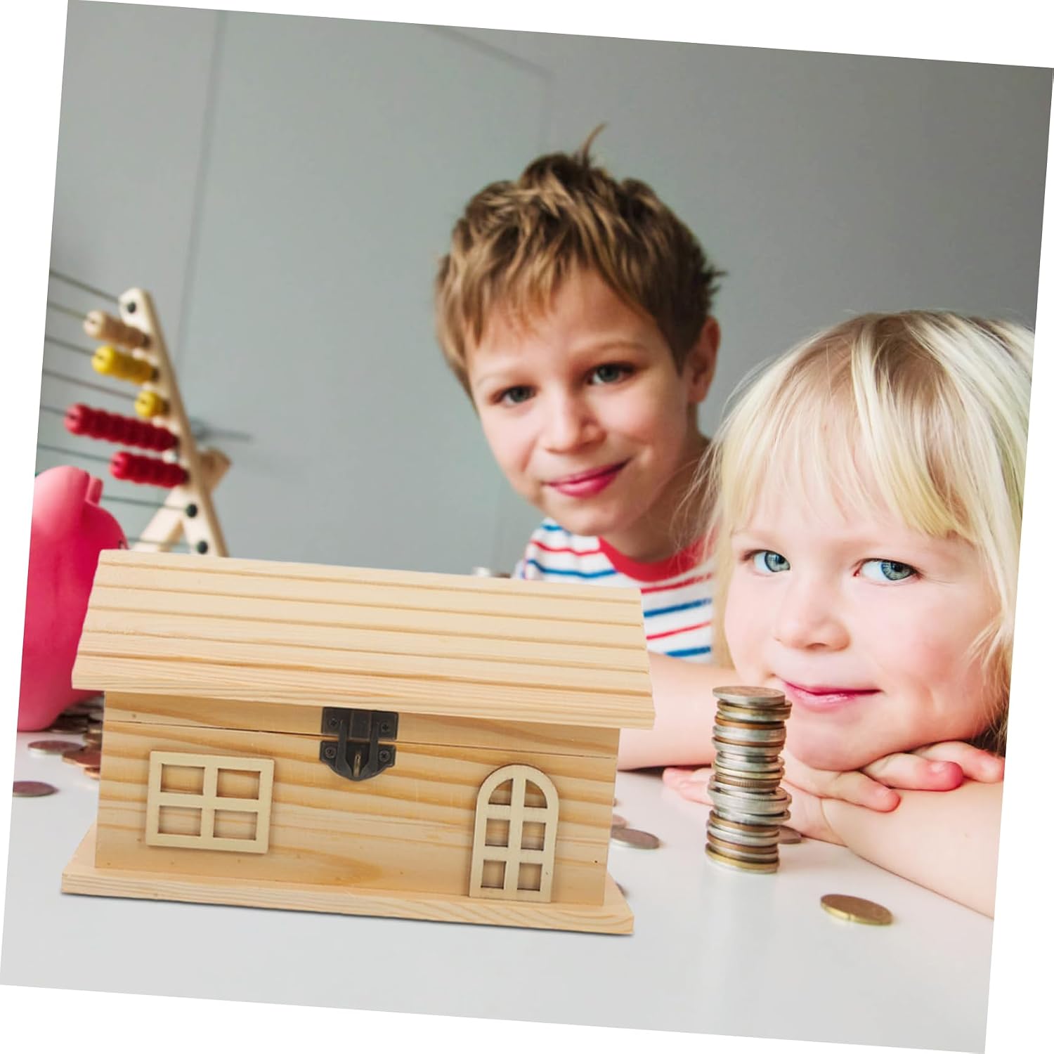 Beaupretty Wooden House Shaped Piggy Bank DIY Unfinished Money Saving Box for Kids Creative Paintable Coin Case Encourages Saving Habits and Enhances Hand-Eye Coordination 8.07X5.70X5.31In