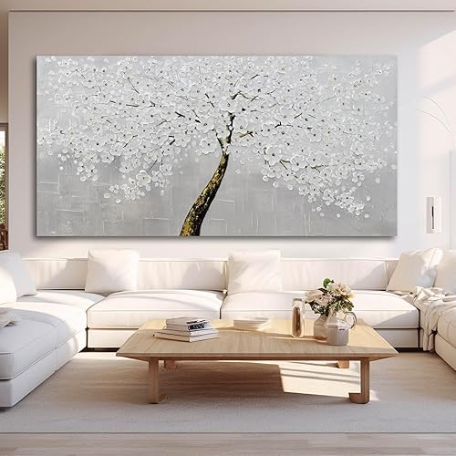 Miniatura 2 de VAYIMDH Decoración botánica de pared para sala de estar, blanco con pintura dorada sobre lienzo, arte de pared floral, arte de la naturaleza para