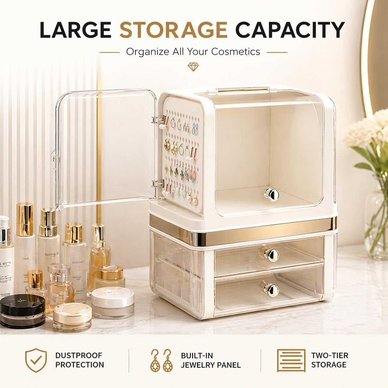 Clear Acrylic Makeup Organizer with Drawers – Dustproof Vanity & Cosmetic Storage Box with Lid (28.5 × 20 × 38 cm) image 2