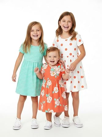 PATPAT Toddler Girl Floral Skater Multipack Dresses 3-Pack Polka Dots Short Sleeve Priness A-line Dress