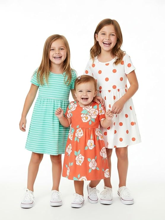 PATPAT Toddler Girl Floral Skater Multipack Dresses 3-Pack Polka Dots Short Sleeve Priness A-line Dress