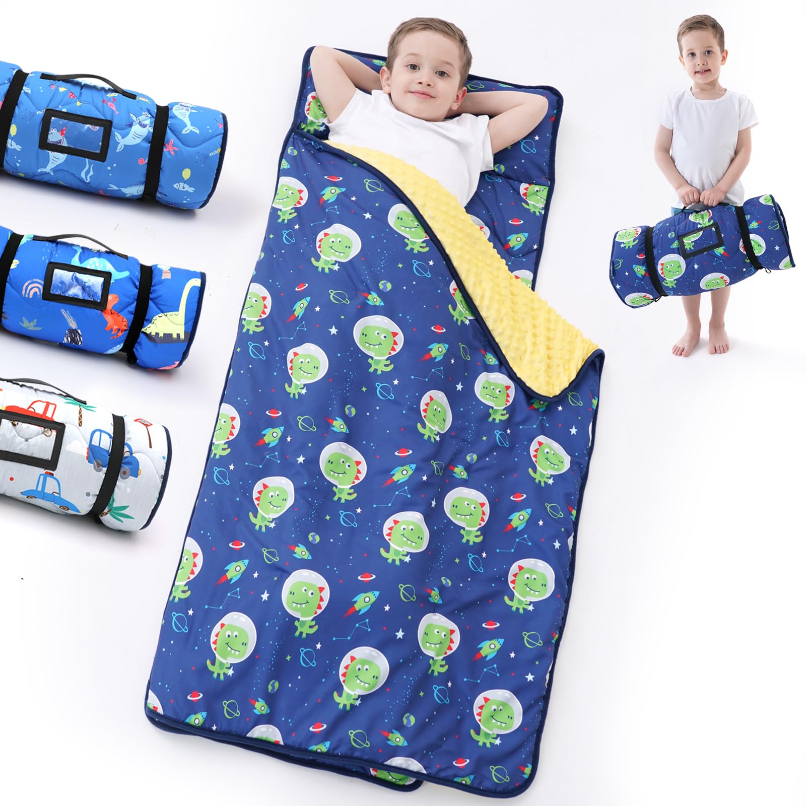 Nap Mat with Pillow Blanket Set: Dinosaurs Sleeping Mats for Toddler Kids - Thick Large Roll up Slumber Bag for Daycare Preschool Kindergarten Boys Girls