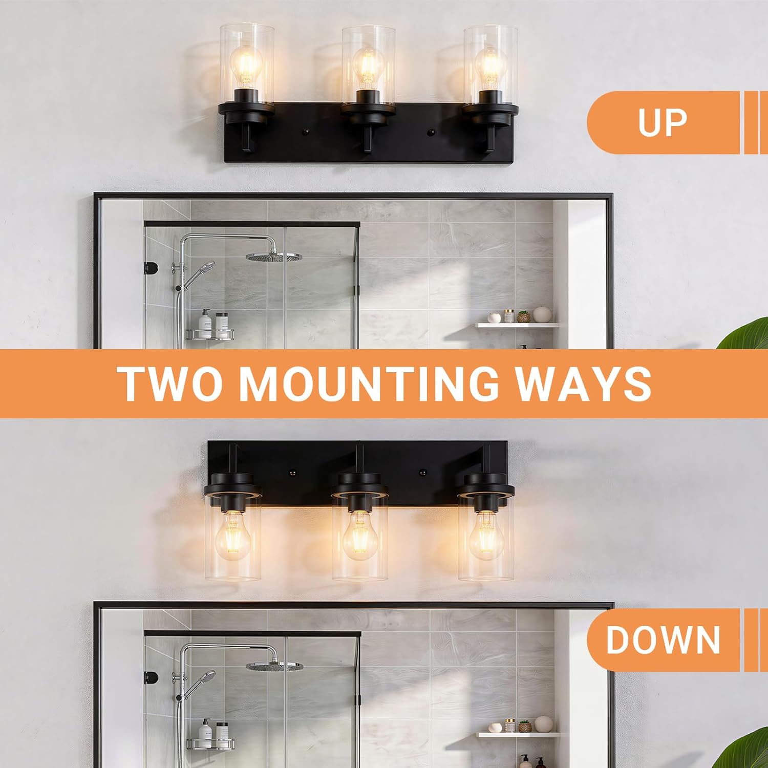 VINLUZ 3 Light Modern Bathroom Vanity Lights, Black Bathroom Lighting Fixtures Over Mirror with Clear Glass Shades, Industrial Wall Sconces Light Fixture for Kitchen Hallway Makeup Dressing