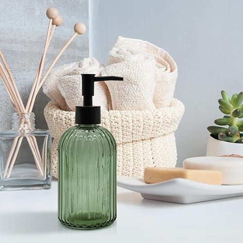 Miniatura 6 de Dispensador de jabón de vidrio verde de 14 onzas con bomba negra, recargable para jabón de manos, jabón de platos, loción, adecuado para cocina,