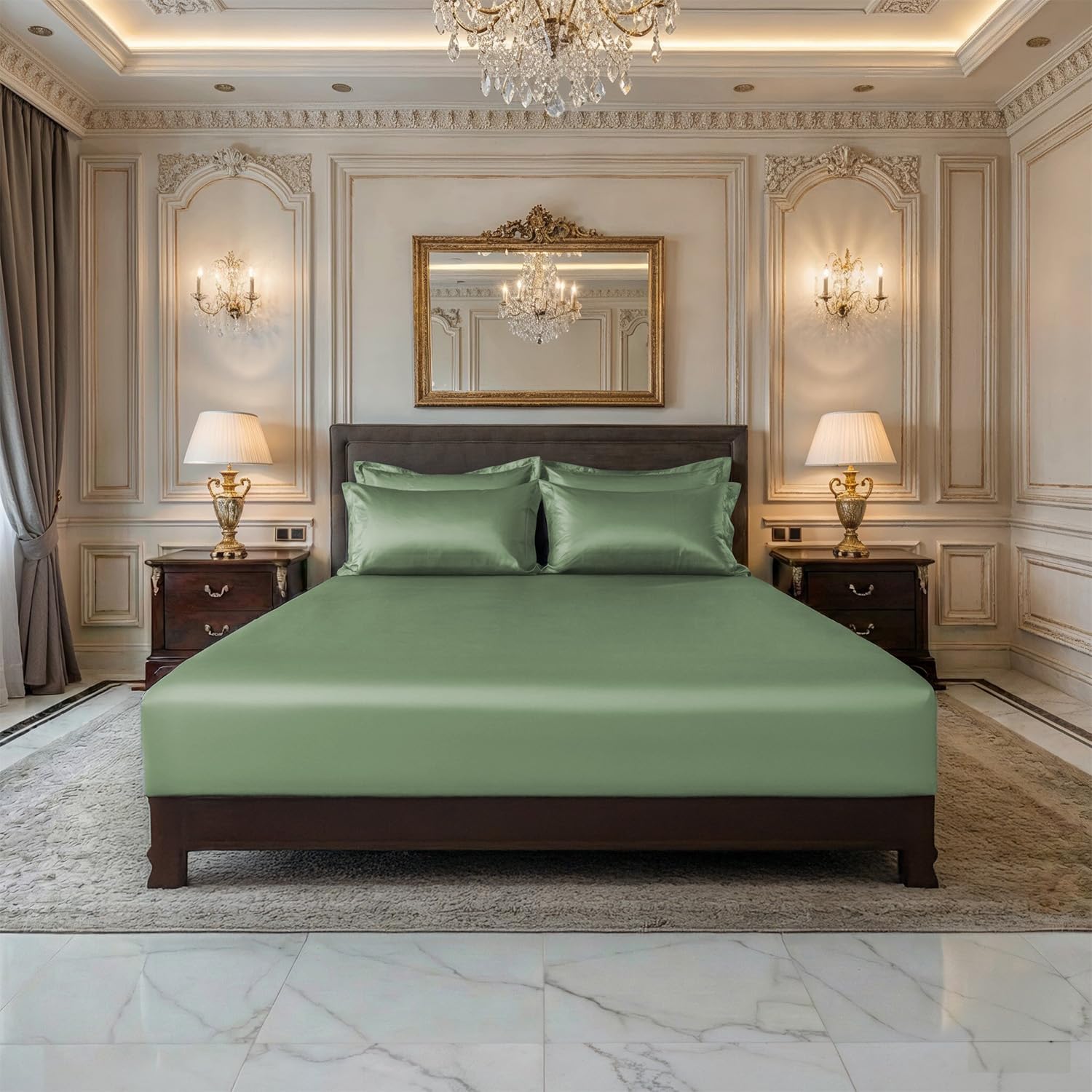 LINENWALAS 100% Viscose Derived from Bamboo Fitted Sheet California King Size -Vegan Silk Cooling & Breathable for Hot Sleepers, 16” Deep Pocket Fully Elastic & Reinforced Corner Elastic (Olive Green)