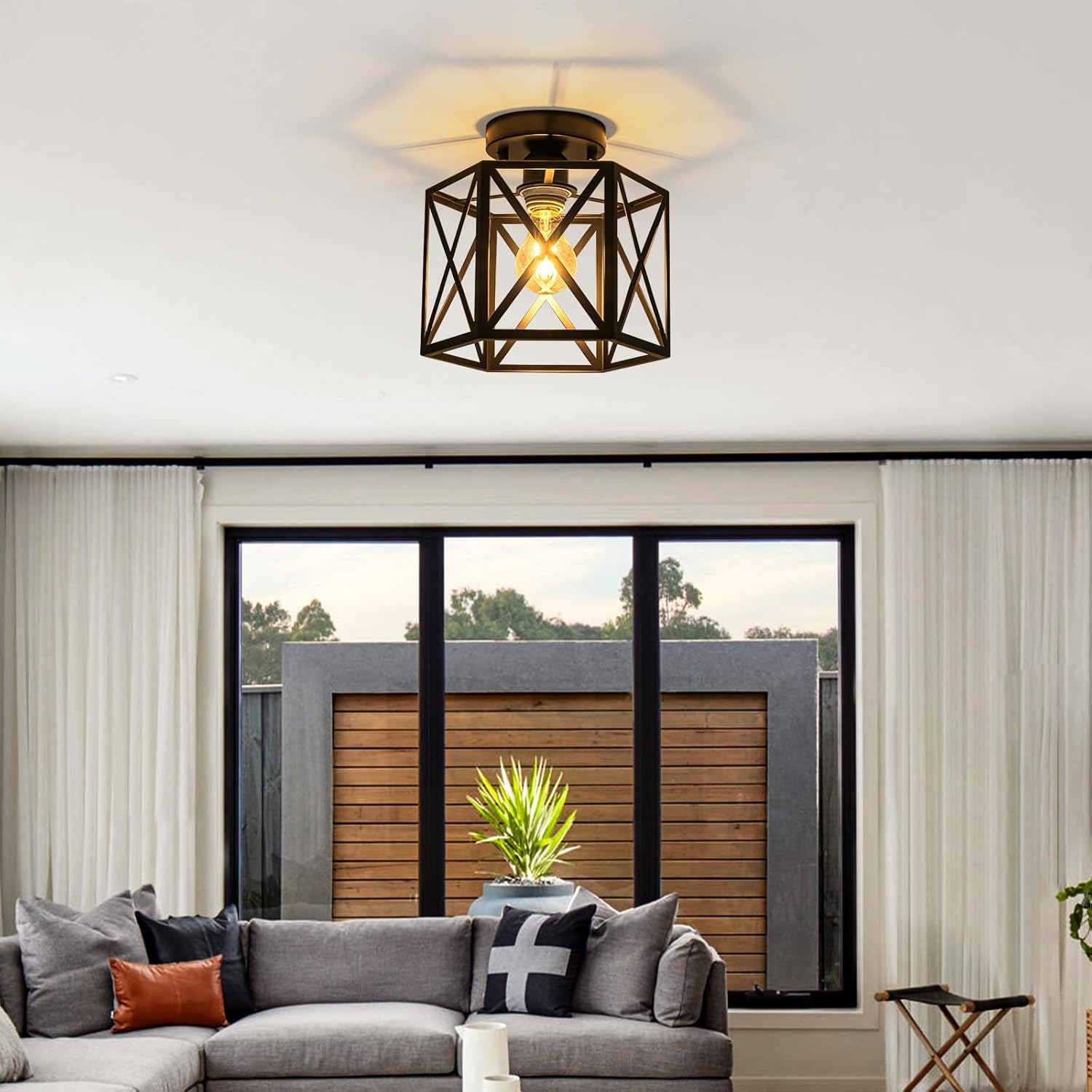 WILON Farmhouse Semi Flush Mount Ceiling Light, Industrial Black Hallway Light Fixture, Small Metal Cage Close to Ceiling Lights for Kitchen Sink Porch Dining Room Entryway Foyer