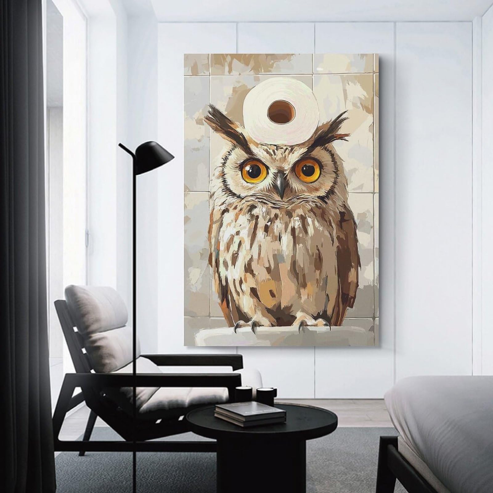 Junmoney Unframe-Style-14 Hanging Wall Art Owl With Toilet Paper Hat, 12X18inch(30X45cm), For Entryway, Lounge Links Or Small Walls, A Neat Decor Update For Hallways