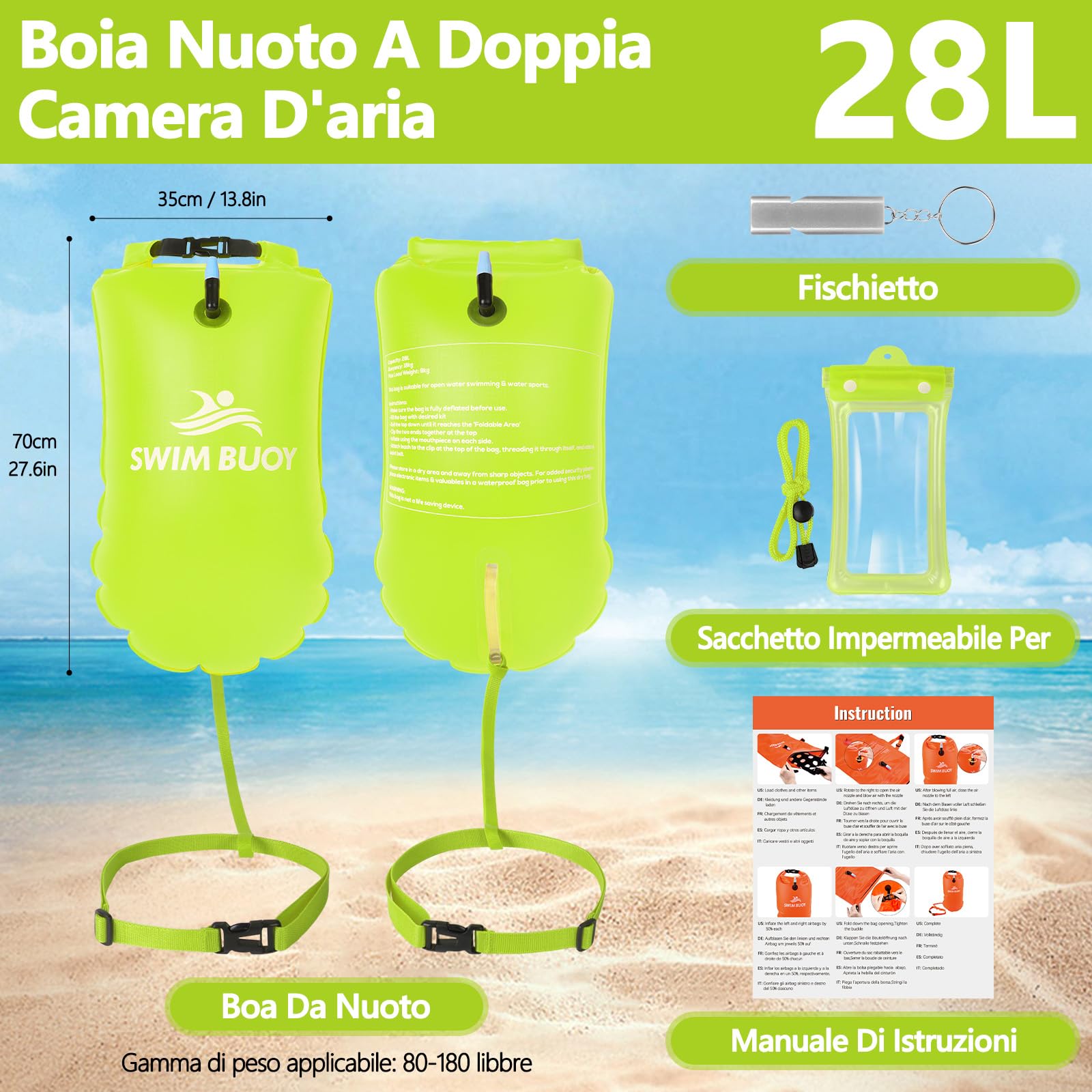 JONRRYIN Boa da nuoto da 28 l, sacco a secco e galleggiante, dispositivo di sicurezza per nuoto in acqua libera, boa ideale per triathlon, surfisti