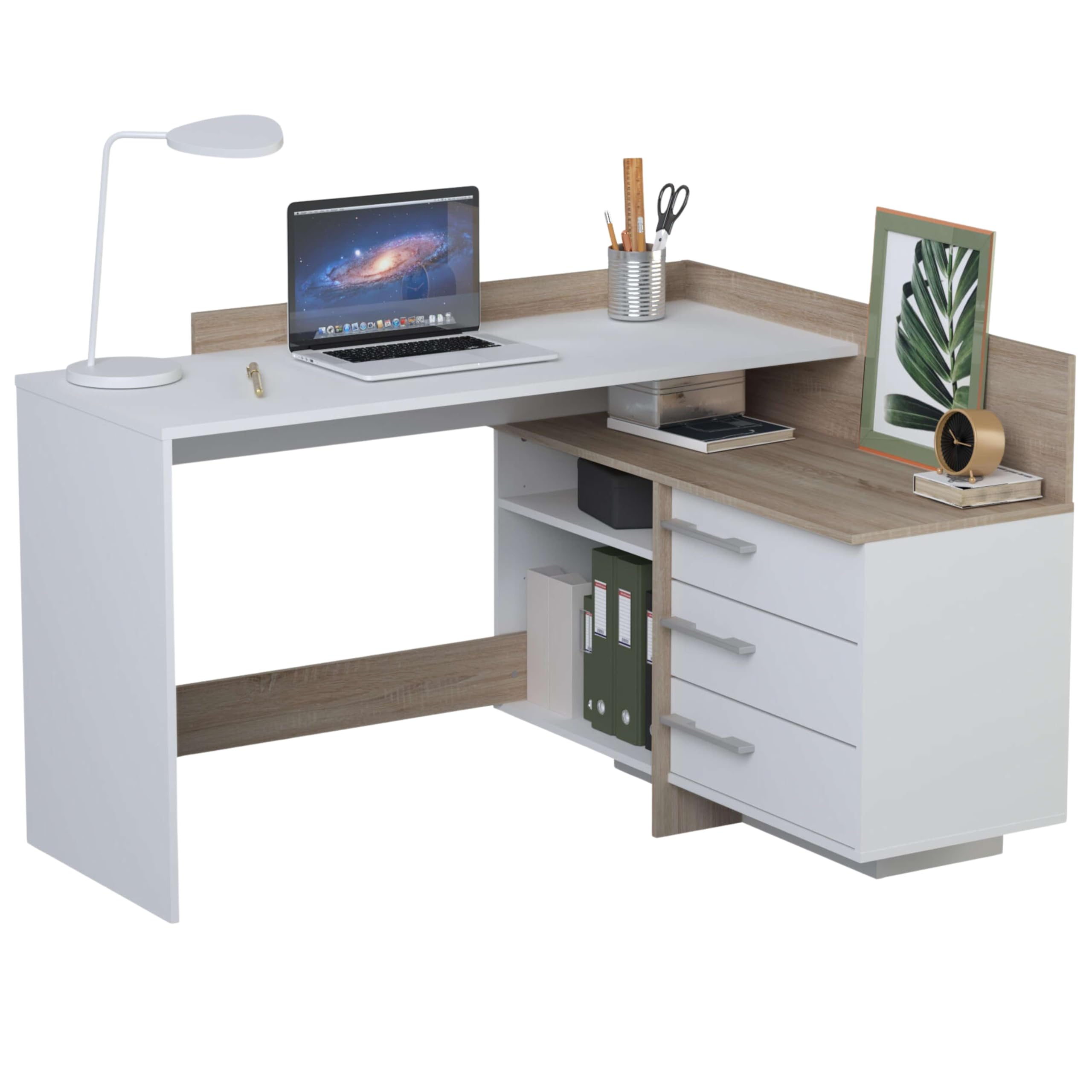 Abitti Mesa Escritorio con Cajonera Color Blanco Perla y Roble Cepillado 128 cm