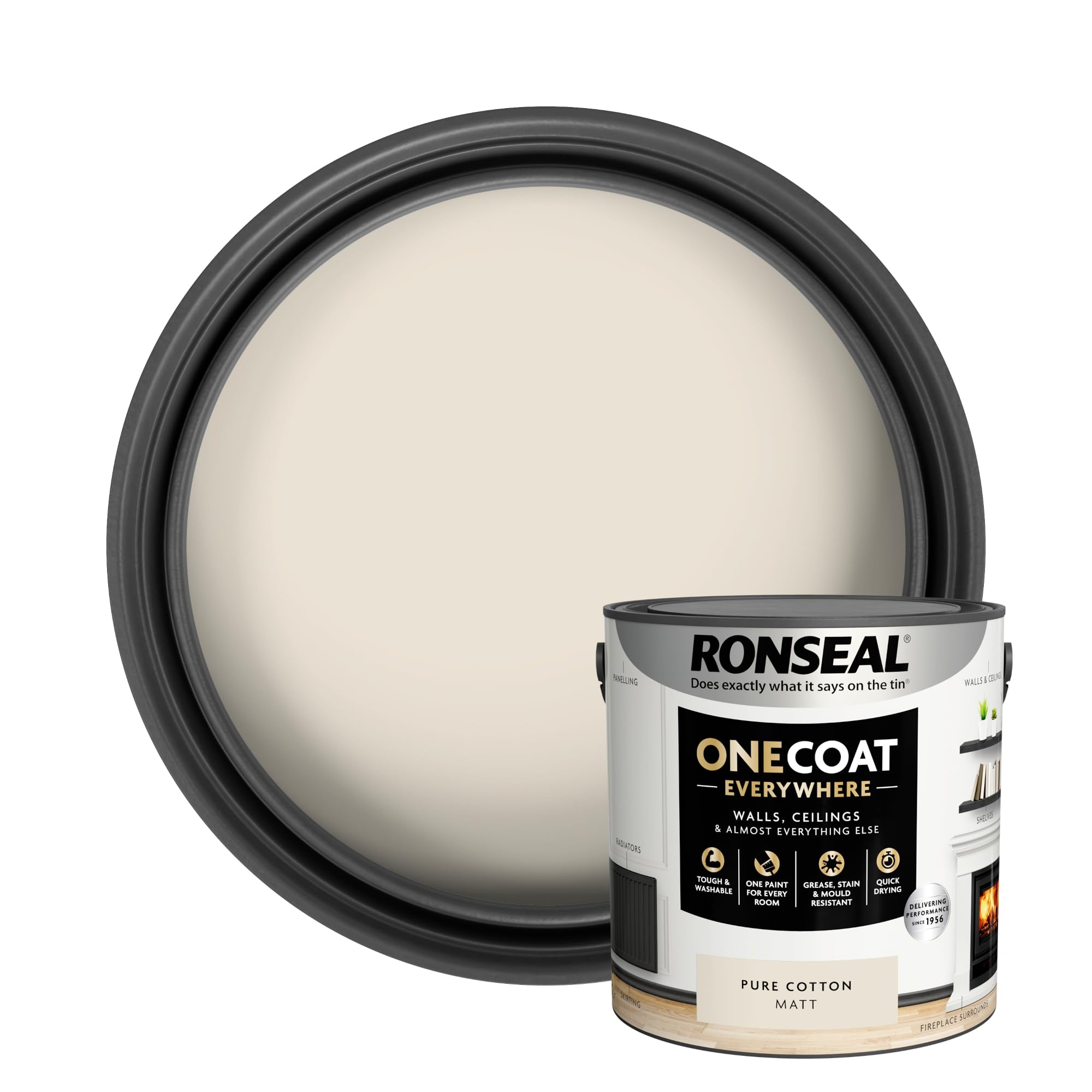Ronseal One Coat Everywhere Paint Pure Cotton Matt 2.5 L – Durable Interior Paint for Walls & Ceilings Smooth Finish Quick Coverage Ideal for Easy Home Projects