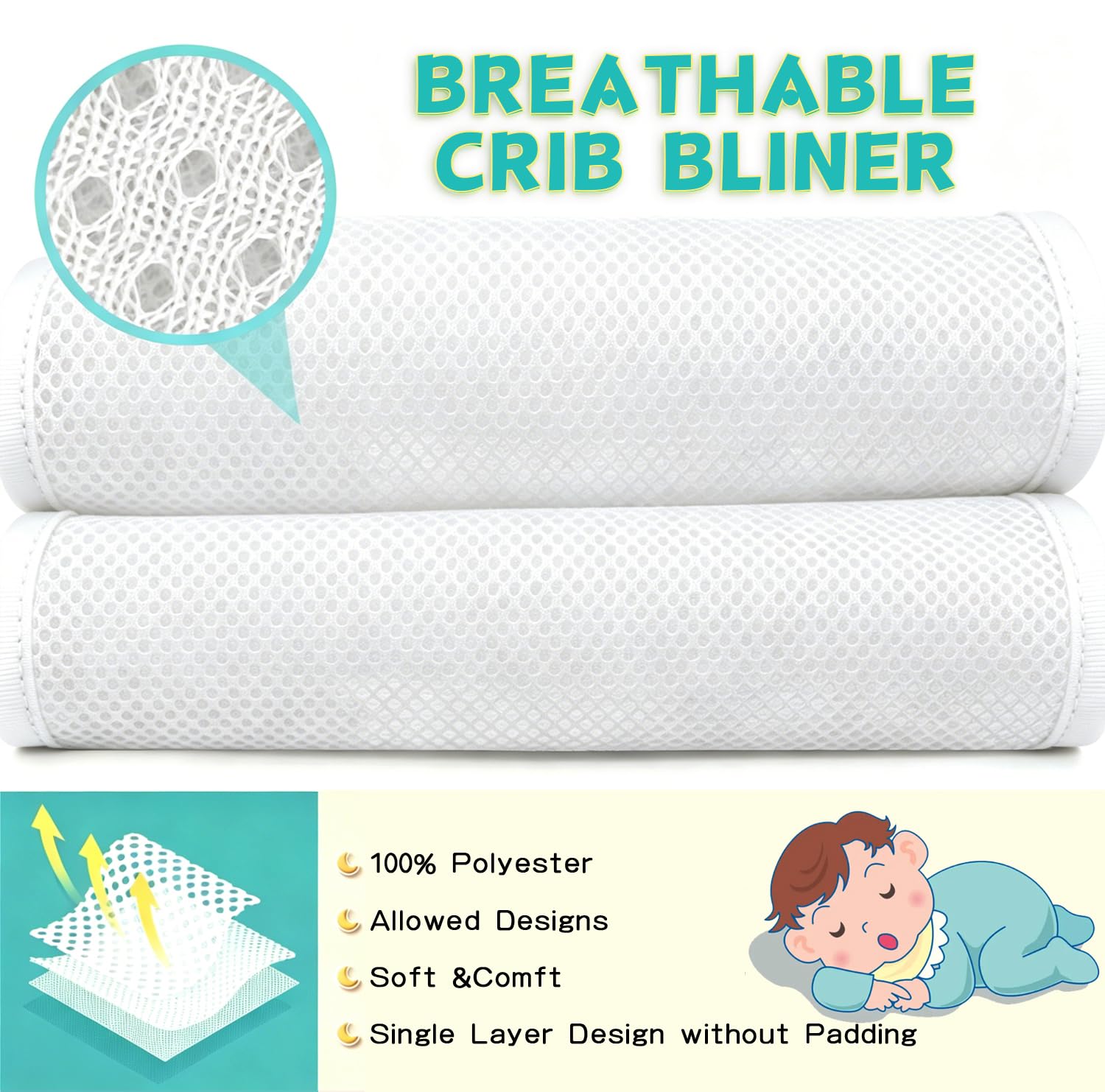 4PC Mesh RailGuard Teething Cover, Fits Most Full-Size Cribs,Use with Coordinating Short Panels for Extra Coverage (White) - 2