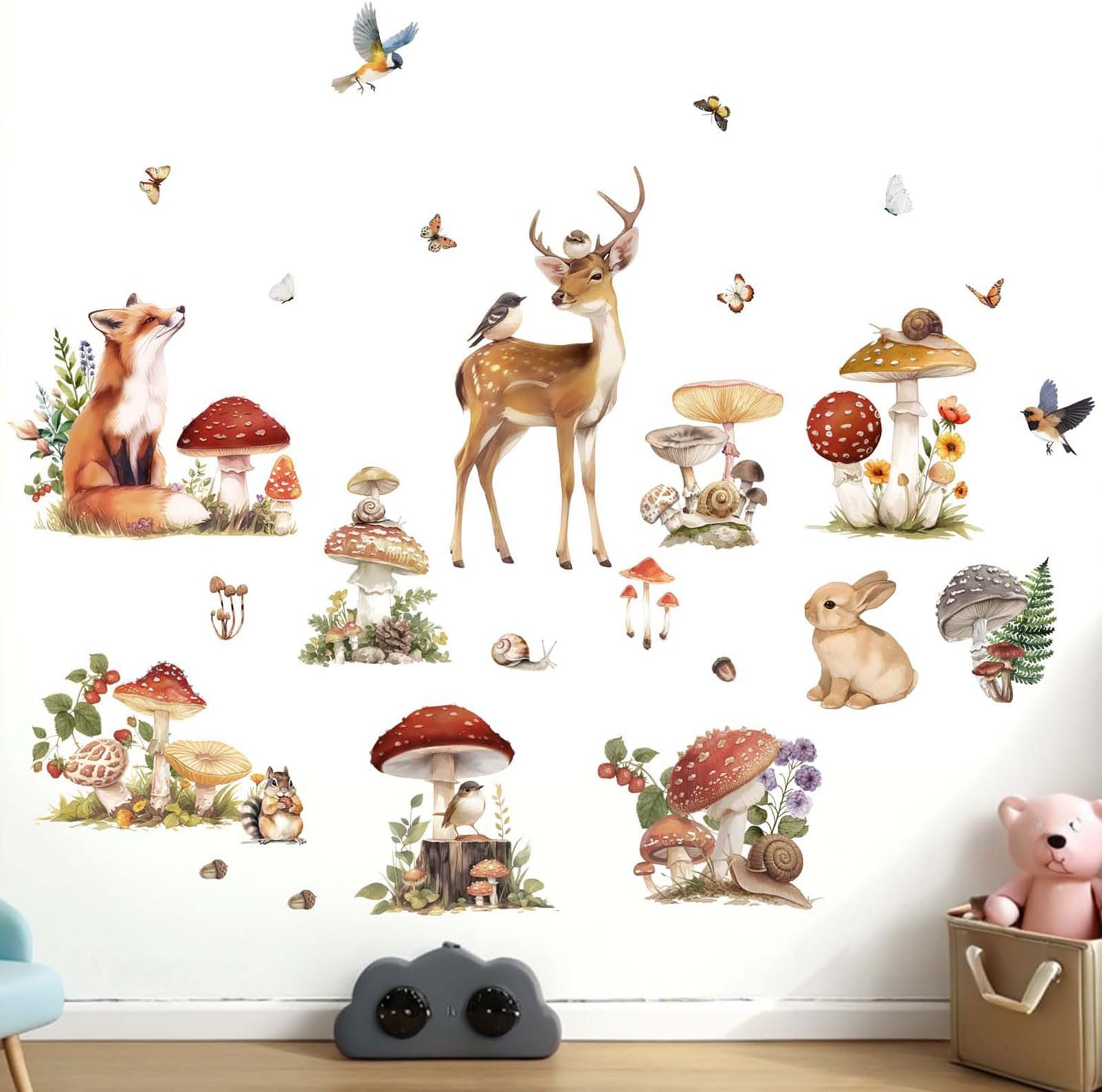 โ Woodland Animals Wall Stickers for Baby: Peel and Stick Mushroom Deer Fox Rabbit Wall Decals - Wall Decor Art Kids Supplies Ages 1-12 Years