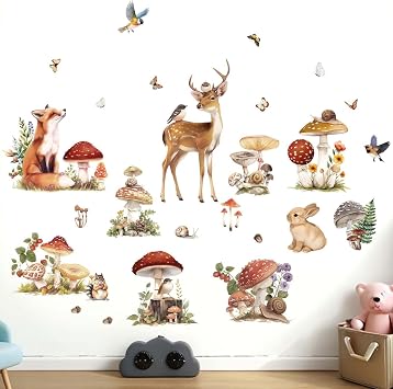 Woodland Animals Wall Stickers for Baby Peel and Stick Mushroom Deer Fox Rabbit Wall Decals - Wall Decor Art Kids Supplies Ages 1-12 Years