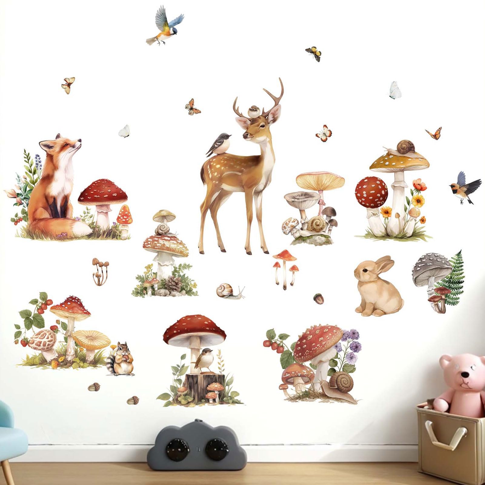 Woodland Animals Wall Stickers for Baby: Peel and Stick Mushroom Deer Fox Rabbit Wall Decals - Wall Decor Art Kids Supplies Ages 1-12 Years