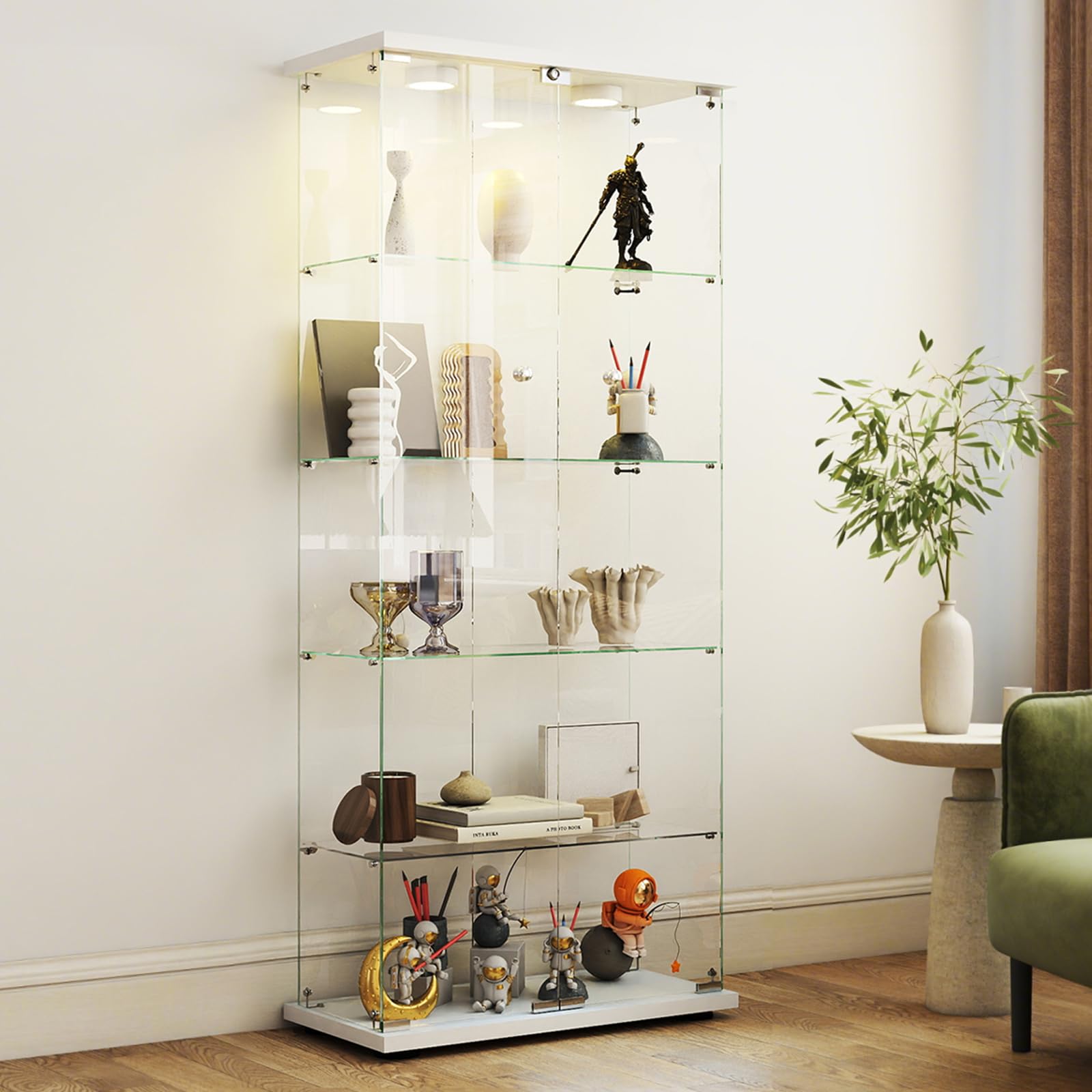 FANYUSHOW Glass Display Cabinet with LED Double Doors and Lock, Quick-Install Style 5-Shelf 5mm Tempered Glass Floor Standing Bookshelf for Living Room, Bedroom, 75" H x 32''L x 15''W, White