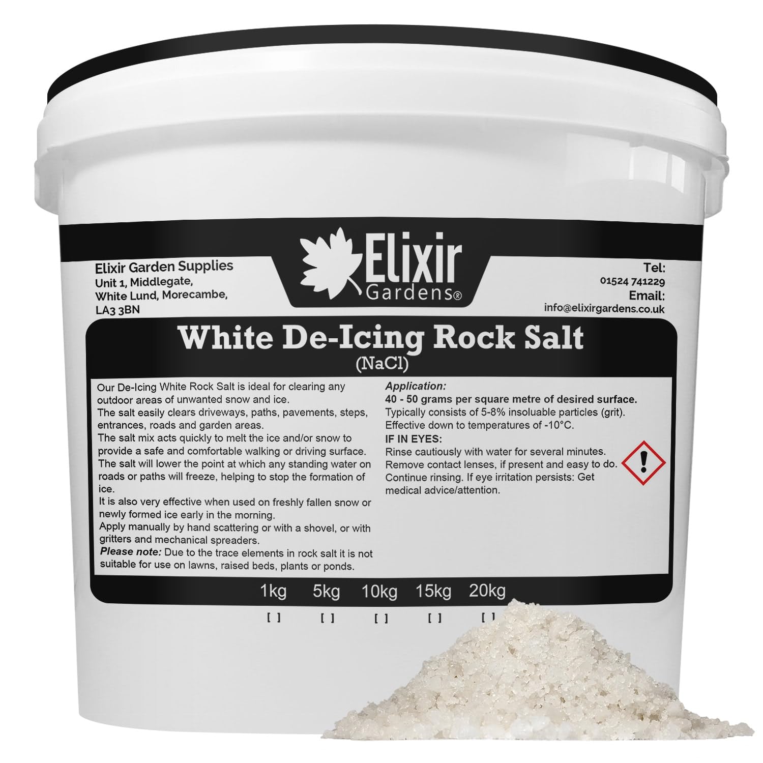 Elixir Gardens | De-Icing Rock Salt | Quantities from 1kg-20kg | From 20 sq.m-500sq.m Coverage | Perfect for Melting/Gritting Ice & Snow on Paths, Drives, Pavements & Steps | White De-Icer | 5kg Tub