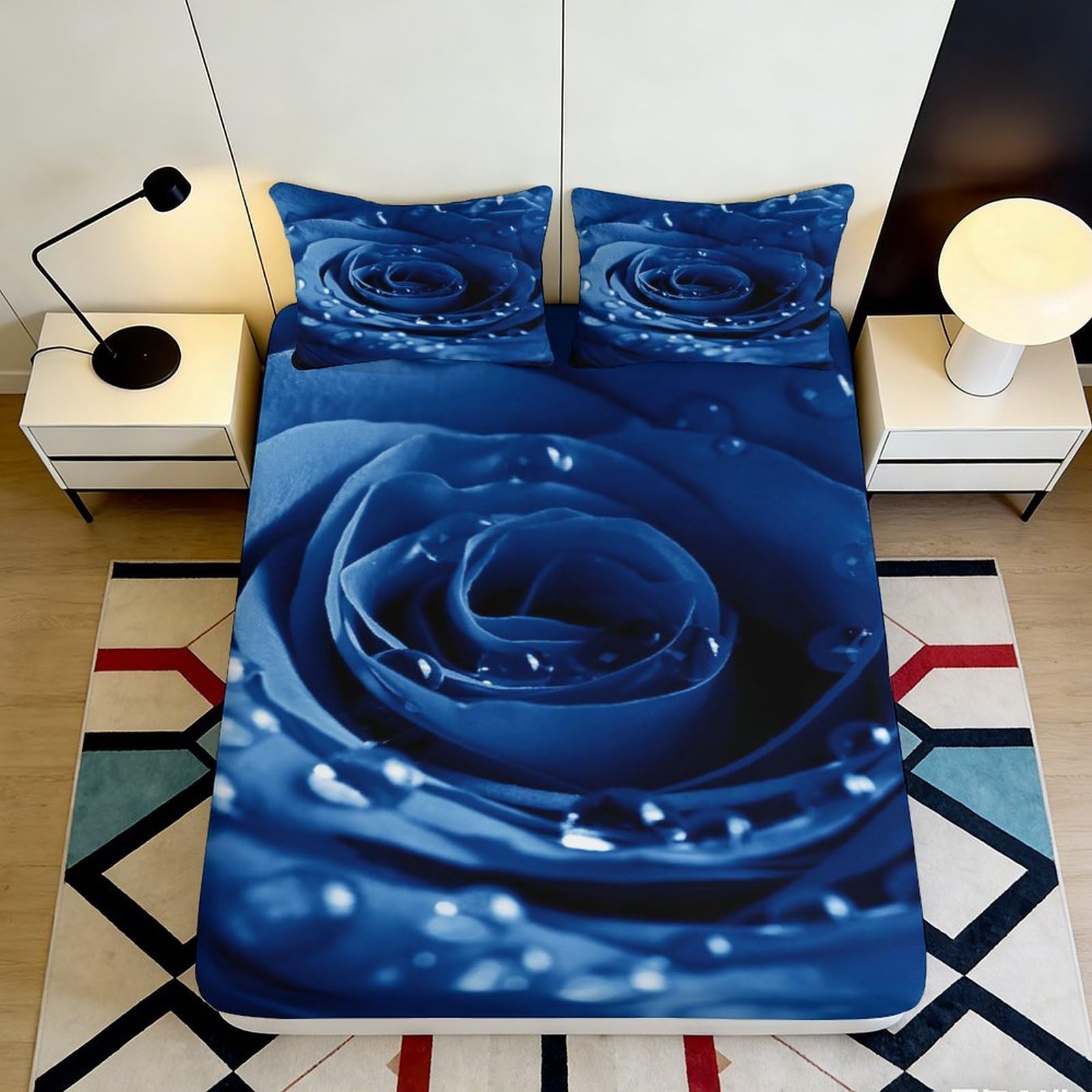 Pnayamiorkfel Style-9 3D Printed Blue Rose Fitted Sheet Microfiber Soft Decorative Water Droplets Bed Cover For Bedroom Guest Room Modern Decor 90X200x25cm