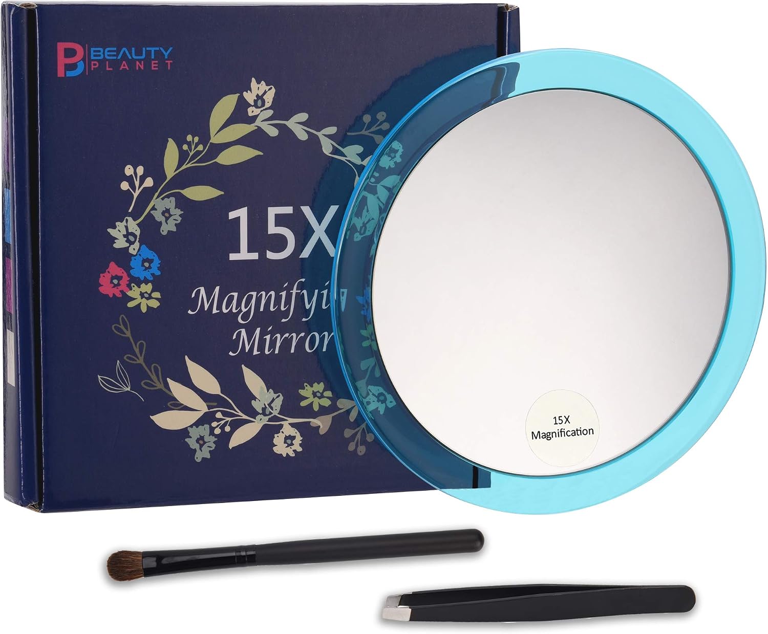 6Inches 15X Magnifying Mirror with 3 Suction Cups, Use for Makeup Application, Tweezing, and Blackhead/Blemish Removal.Comes with 1PC Storage Bag, 1PC Tweezer, 1PC Reminder Card (6Inches,15X, Blue)