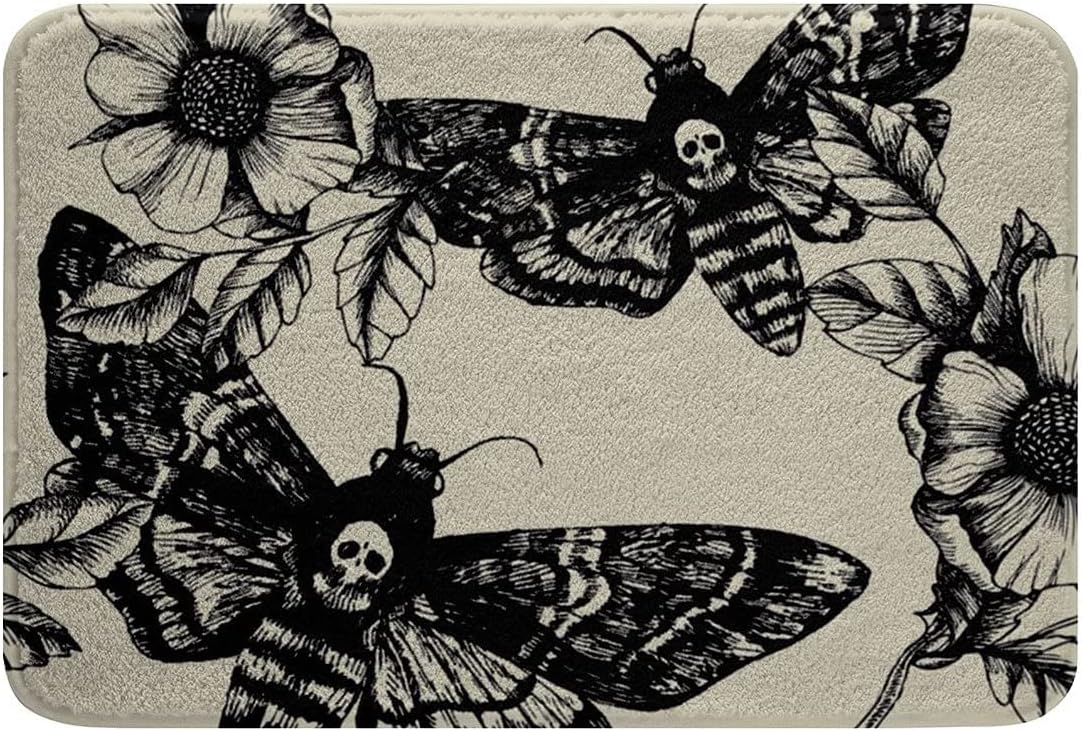 KXO Skull Doormats,Gothic Moth Print Plush Bath Mat Non Slip Machine Washable,Sugar Skull Fleece Bath Rugs Water Absorbent Gray White Black Botanical Floral Bathroom Rugs Porch Mat 31"x20"