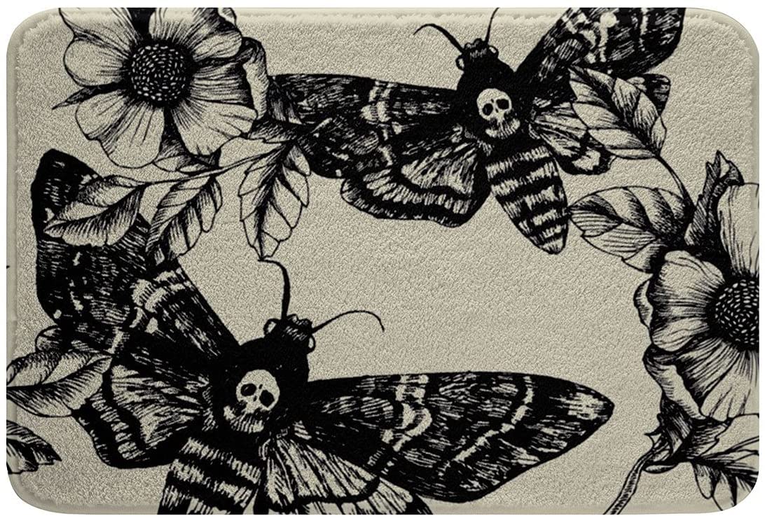 KXO Skull Doormats,Gothic Moth Print Plush Bath Mat Non Slip Machine Washable,Sugar Skull Fleece Bath Rugs Water Absorbent Gray White Black Botanical Floral Bathroom Rugs Porch Mat 31"x20"