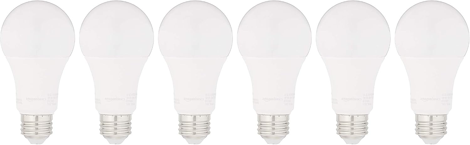 Amazon Basics 75W Equivalent, Daylight, Non-Dimmable, 15,000 Hour Lifetime, CEC Compliant, A19 LED Light Bulbs | 6-Pack