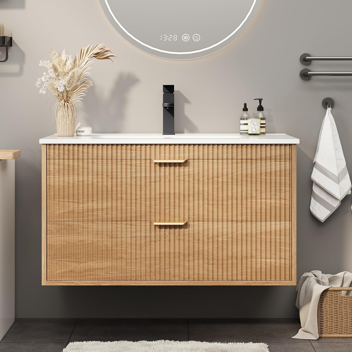 Vabches 30 Inch Bathroom Vanity with Sink, Wood Grain Wall Mounted Vanity with 2 Storage Darwers, Floating Bathroom Vanity with Storage, Bathroom Floating Vanity with Sink, Faucet, Drain, Oak