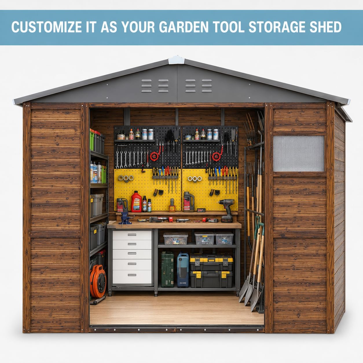 Outdoor Storage Shed, Wood-Metal Garden Tool Shed with Lockable Double Doors, Metal Roof, Window & Ventilation, Multiple Sizes (6 * 8FT)