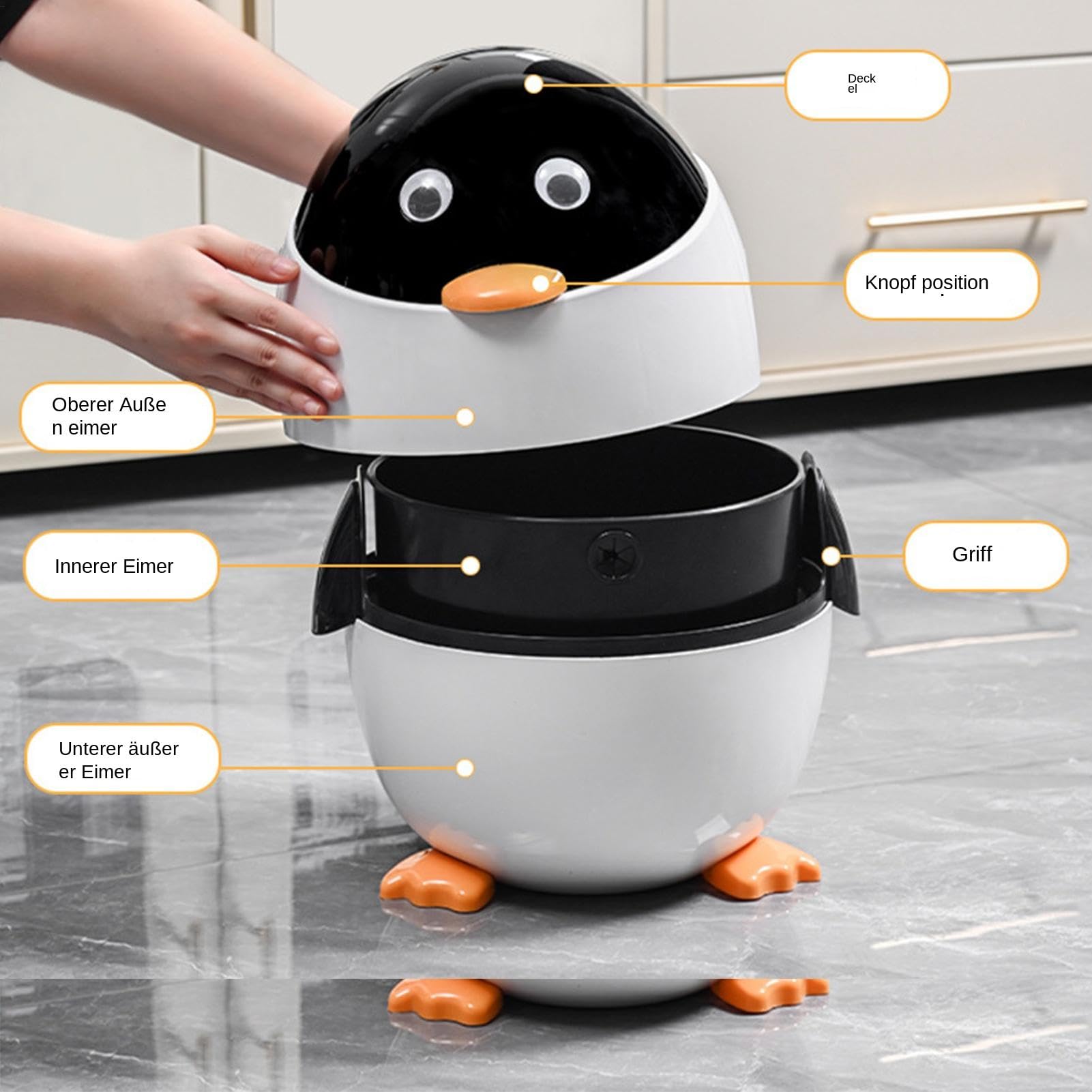 Süßer Pinguin-Mülleimer mit Deckel für Untertische - Cartoon-Tier-Papierkorb für Kinderzimmer, Badezimmer, Büro und Wohnzimmer