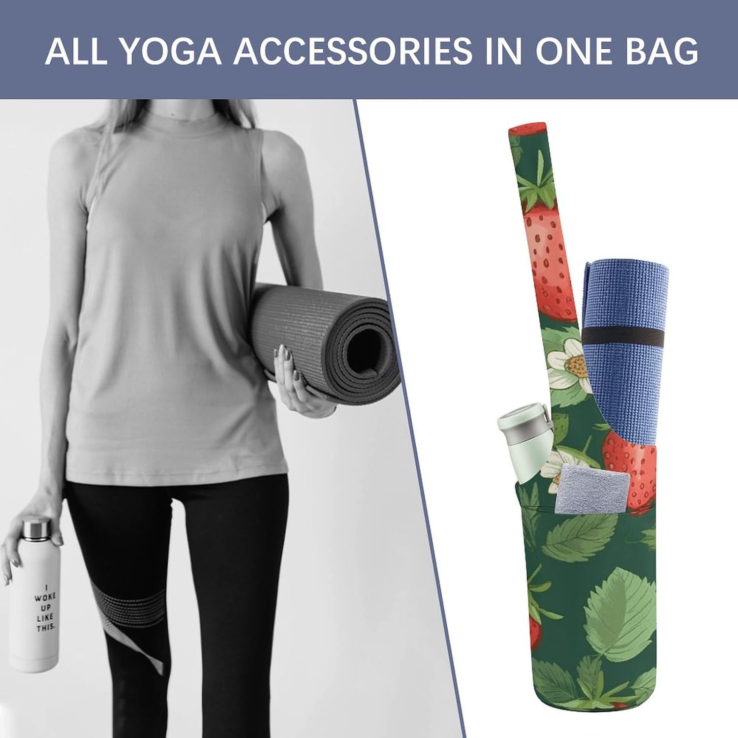 Canvas Yoga Bag,Fresh Strawberries And Leaves Printed Yoga Mat Handbag,Portable Yoga Mat Bag Large Capacity Gym Bag for Men Women Pilates Beach Travel