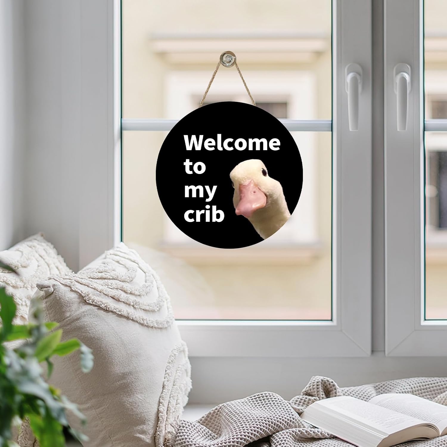 Welcome to My Crib Duck Front Door Sign, Funny Black Wood Hanger Nursery Baby Bedroom Playroom Dorm Home Decor, Wooden Wreath Indoor Wall Hanging Decoration Gift for Newborn Kids Teen Student