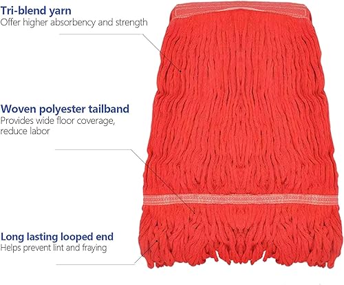 Miniatura 5 de Repuesto de cabezal de trapeador comercial, cuerda de extremo con bucle de algodón rojo, limpieza industrial húmeda, repuesto de cabezal de